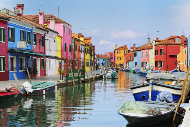Colorful houses alongside canal, Burano, near Venice, Veneto, Italy, Europe