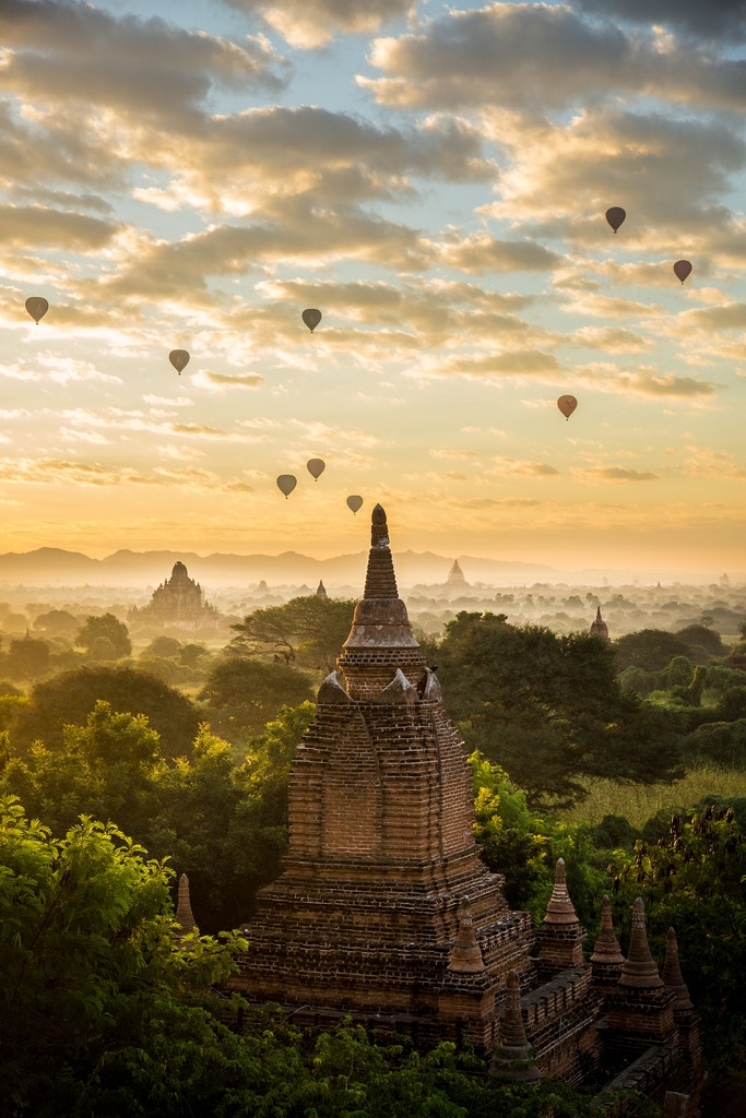Sunrise over Bagan in Myanmar. - tapshanov