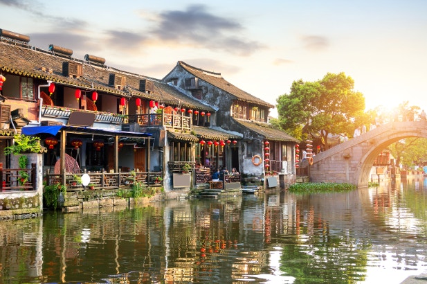 A shot of houses along the waterfront of the beautiful town of Xitang