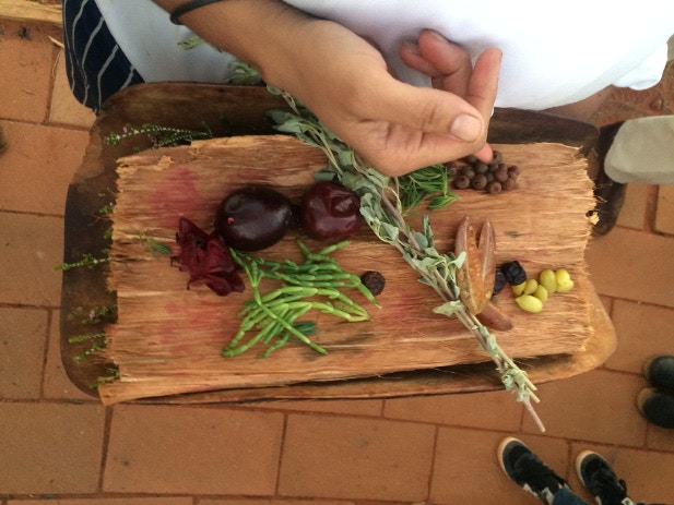 Traditional bush tucker displayed on a wooden board