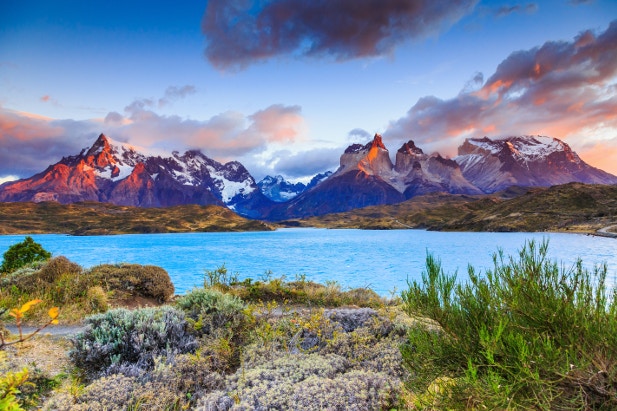 Sunrise over Pehoe Lake, Torres Del Paine National Park, Chile
