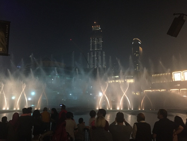 The dancing fountains entertain onlookers outside the Dubai Mall