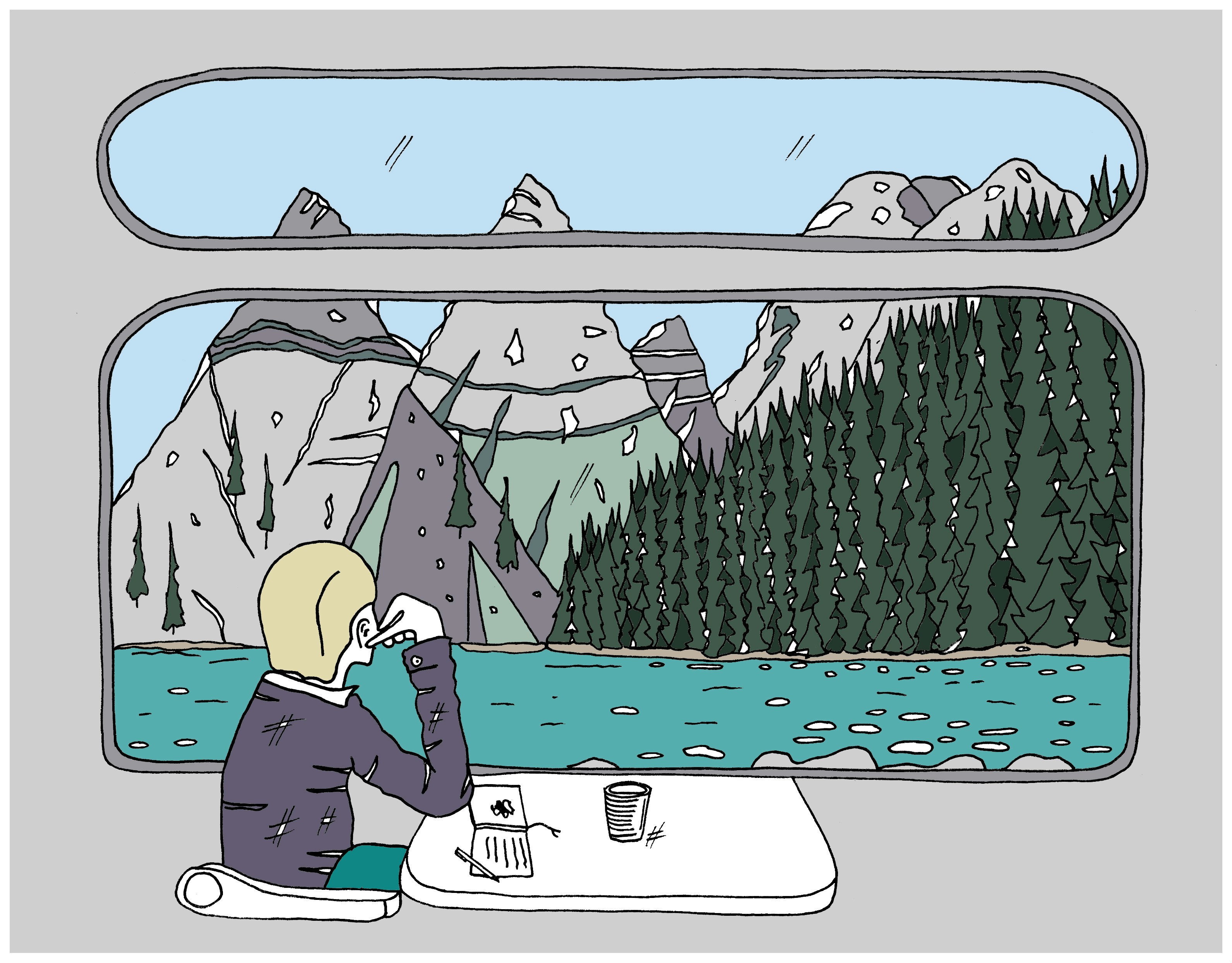 Ilustración de un viajero mirando por la ventana de un tren a un lago con montañas y bosque al fondo © Joe Davis / Lonely Planet