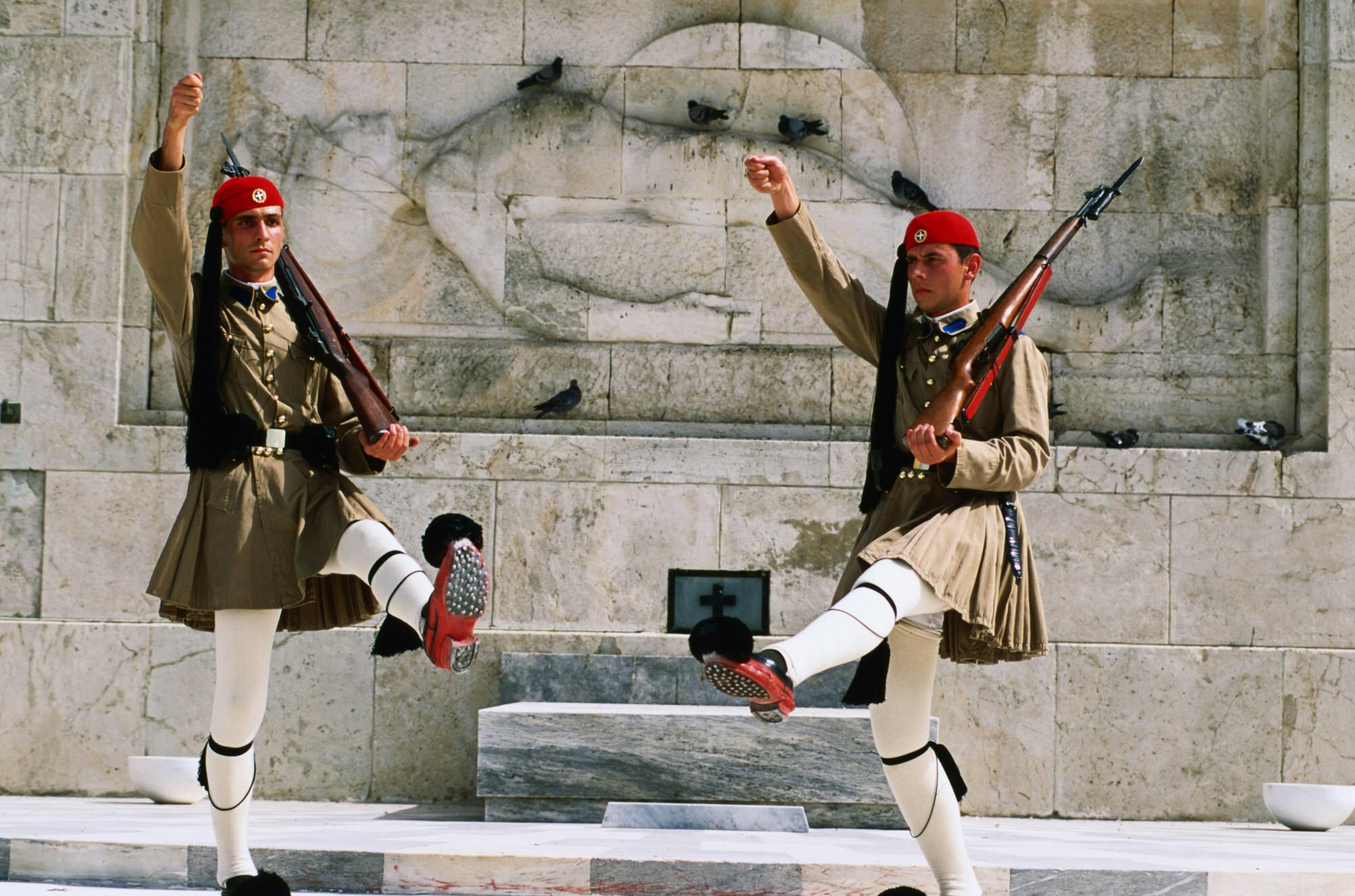 Evzones, Royal Guards, performing changing of the guard in front of the Parliament Building in Athens