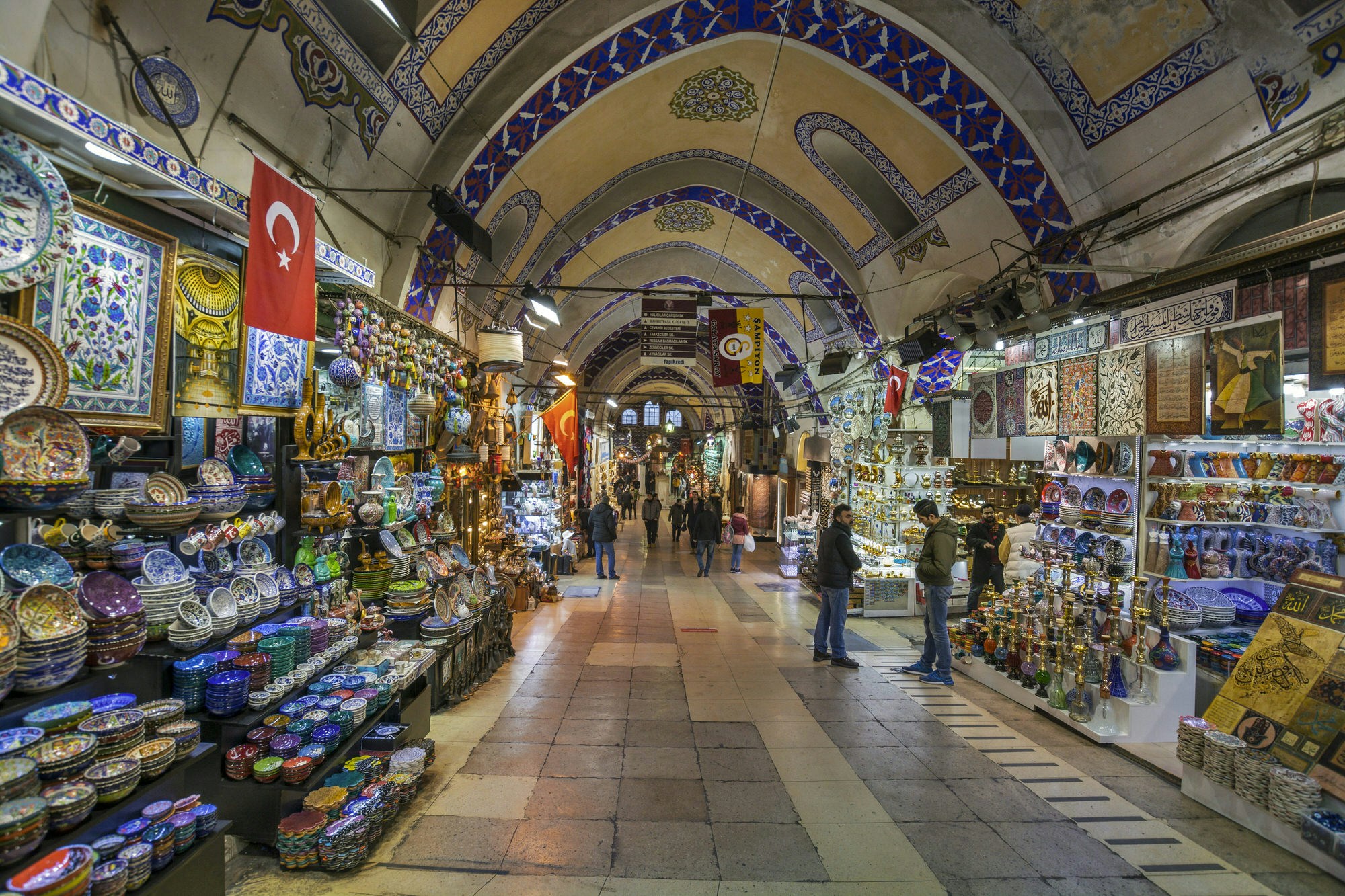 Interior of the Grand Bazaar in Istanbul with colourful produce on display