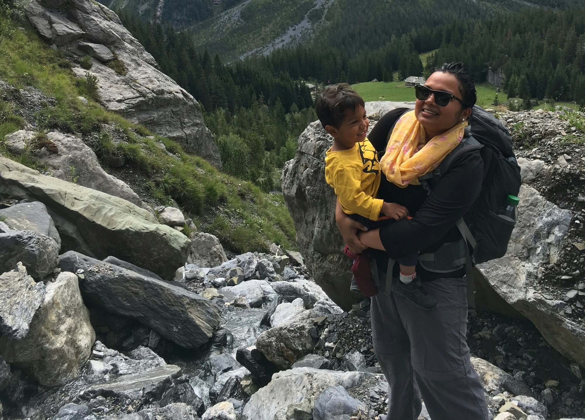 Samai and her travelling toddler hiking in Switzerland